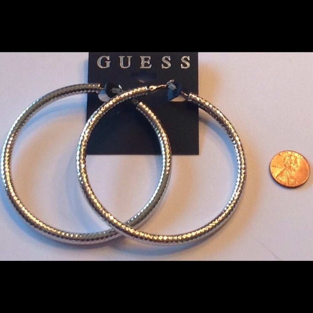 New Guess silver-tone textured large hoops